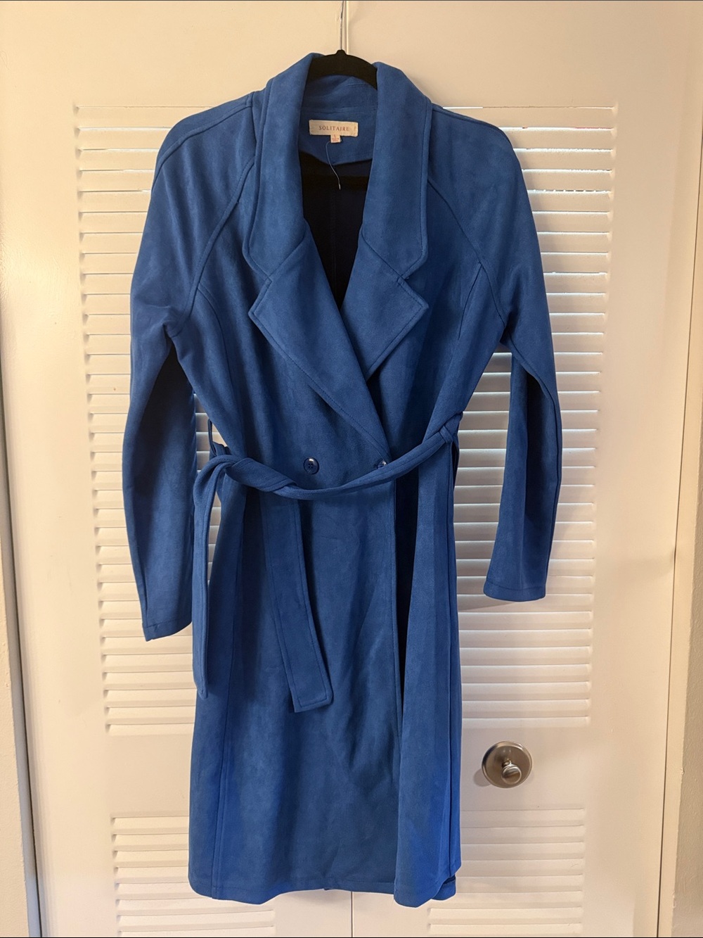Solitaire Blue Suede-Look Longline Coat